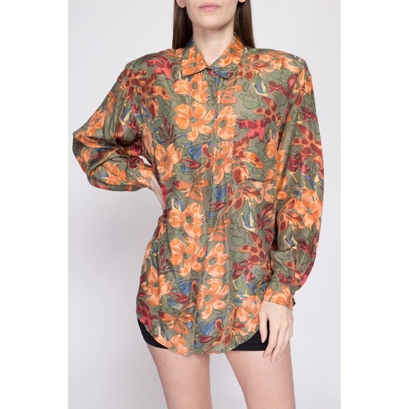 90s Silk Earth Tone Floral Blouse - Medium | Vintage‎ Button Up Secretary Top - Picture 3 of 8